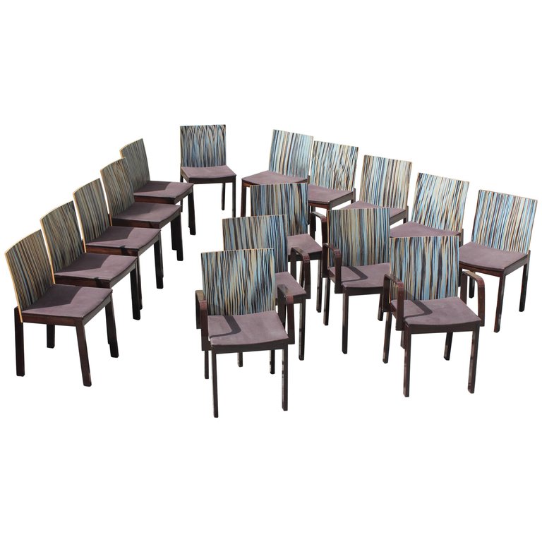 Set Of 16 French Art Deco Stripes Vertical Dining Chairs Circa 1940s