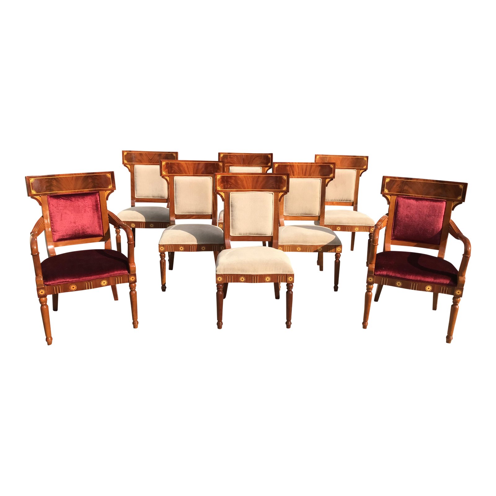 Beautiful Set Of 8 Biedermeier Style Flame Mahogany Dining Chairs 1910s