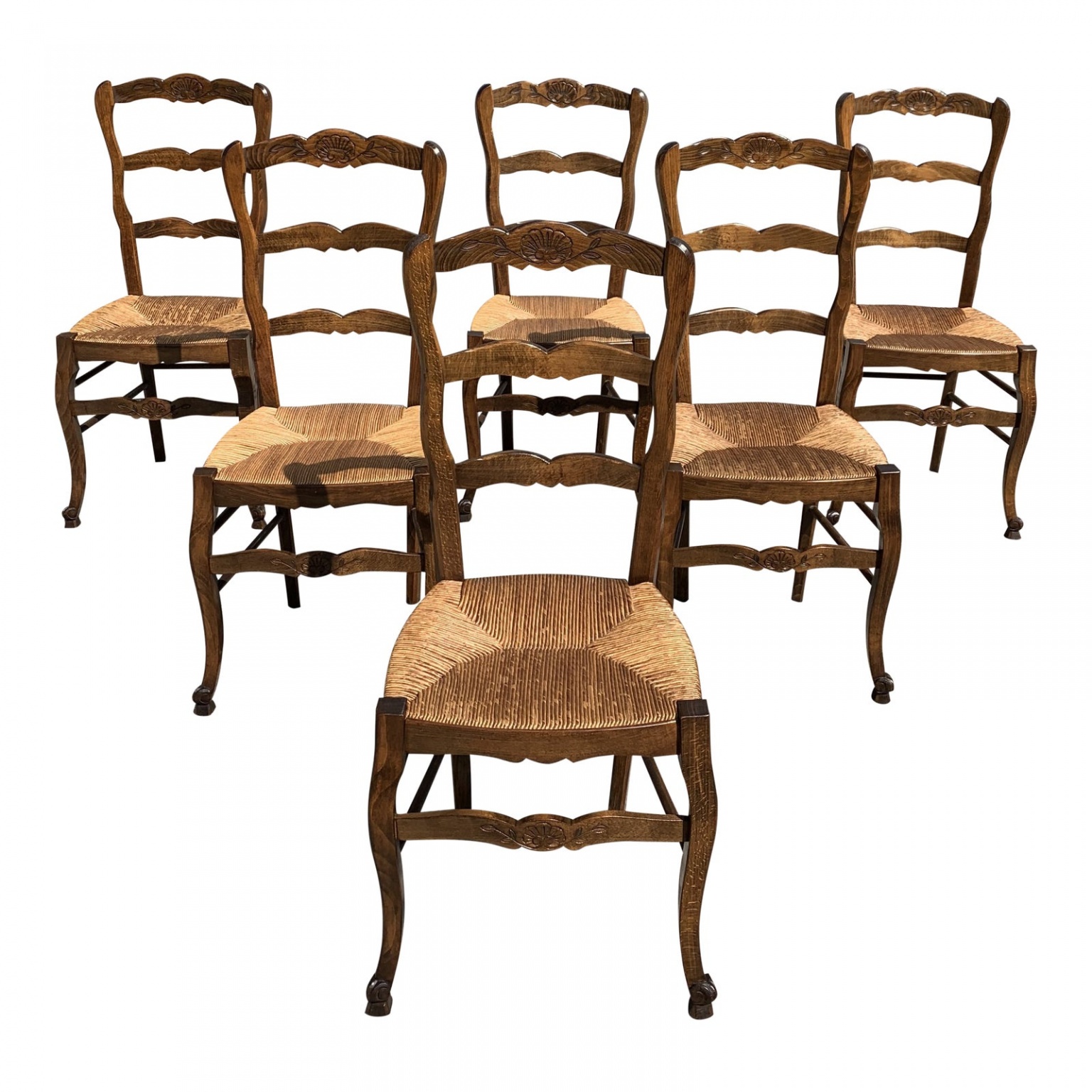 1910s Vintage French Country Rush Seat Walnut Dining Chairs - Set of 6