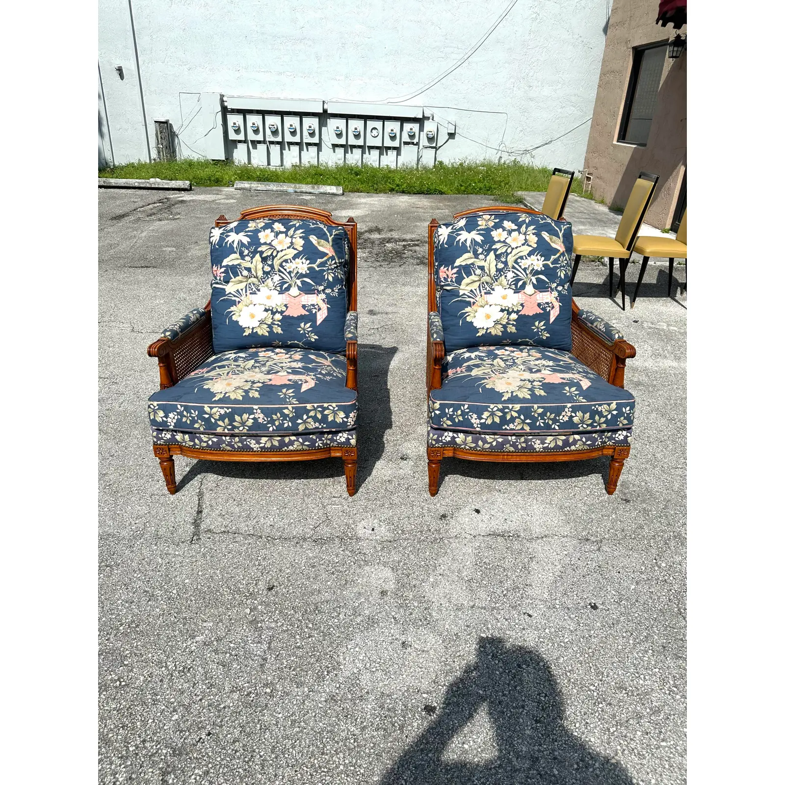 Pair of Louis XVI Style Walnut Caned Needlepoint Lounge Chairs